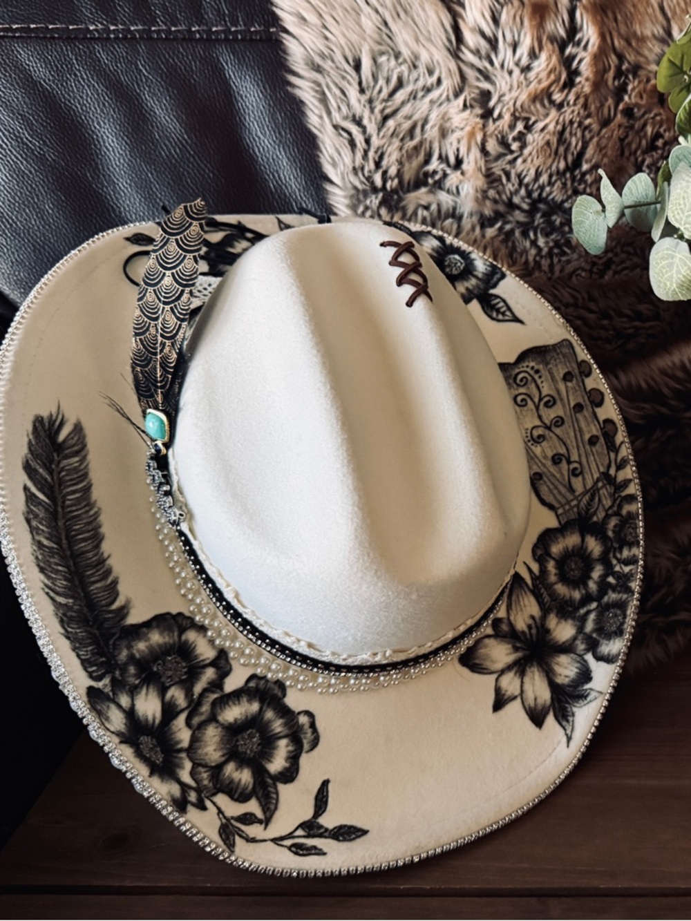 Cream Floral Cowboy Hat with Black Accents